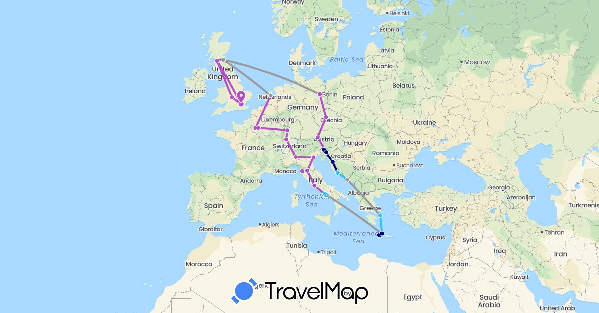 TravelMap itinerary: driving, plane, train, boat in Austria, Switzerland, Czech Republic, Germany, France, United Kingdom, Greece, Croatia, Italy, Netherlands, Slovenia (Europe)